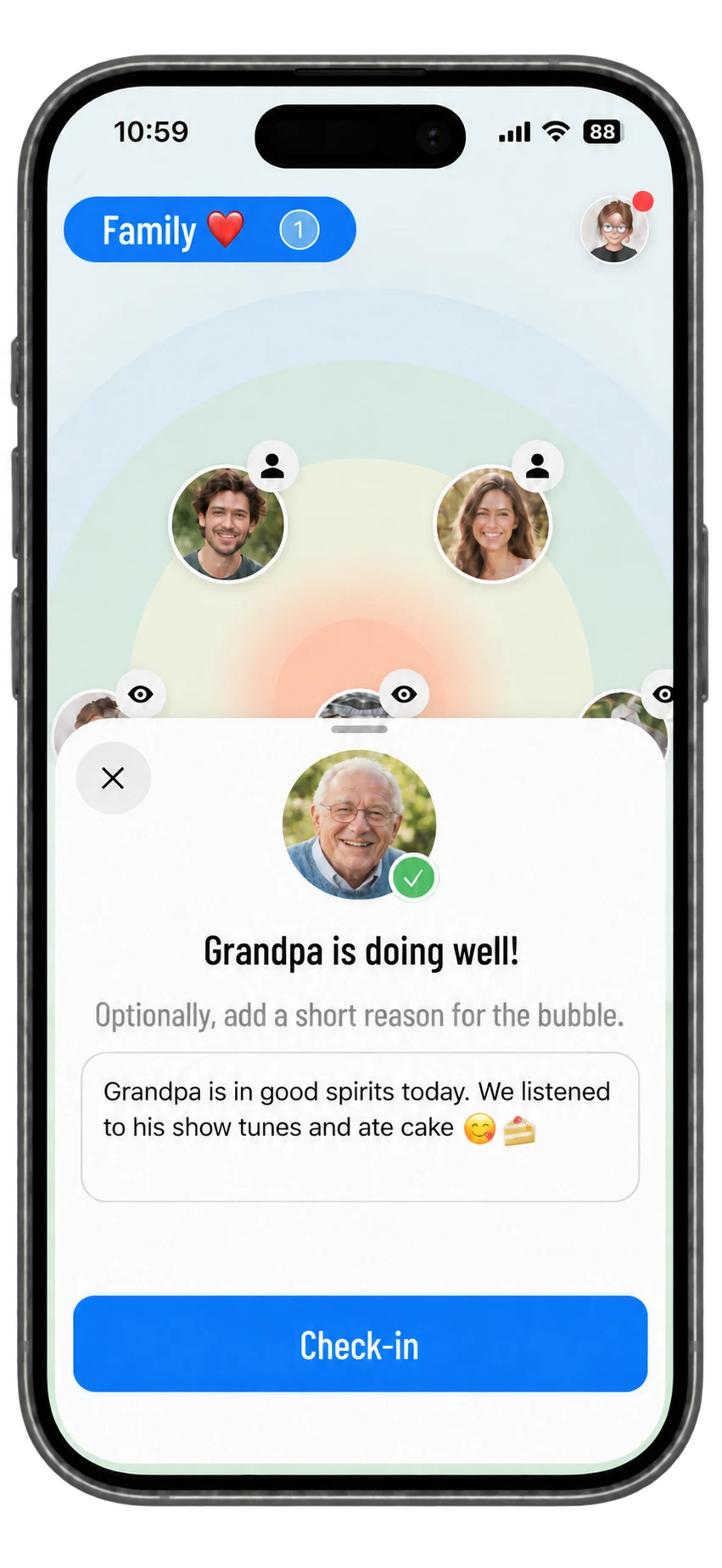 A family Bubble showing a recent visit check-in for a relative living in a care home