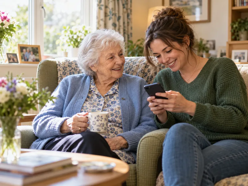 A younger relative shares a family update on her phone while sitting beside an older woman in a care home