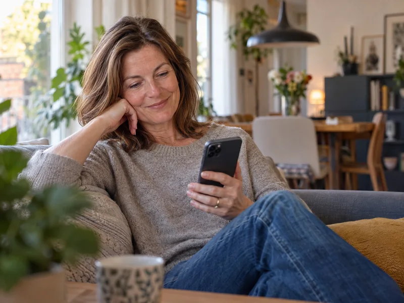 Eine erwachsene Tochter wirkt erleichtert, nachdem sie den aktuellen Check-in ihrer Mutter auf dem Smartphone gesehen hat