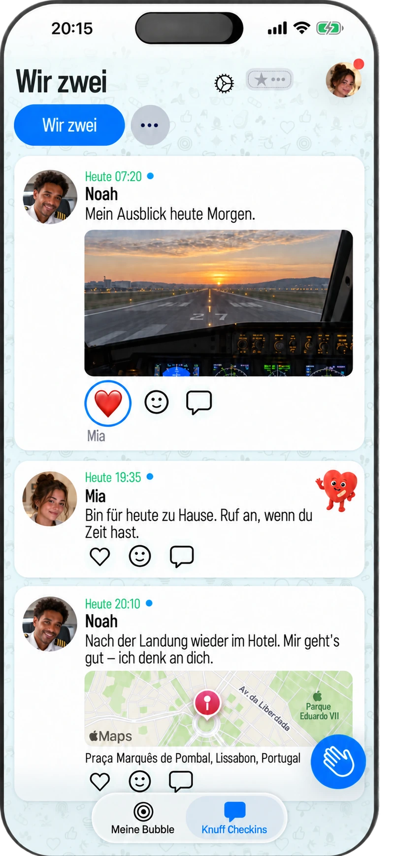 fernbeziehungs app: Ein aktuelles Knuff Check-in, das zwischen Partnern geteilt wird