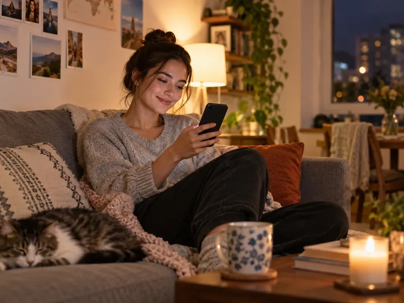 Eine Person lächelt zu Hause, nachdem sie das Check-in ihres Partners auf einem Smartphone gesehen hat.