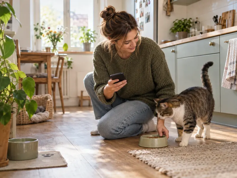 A trusted pet sitter feeds a cat in a bright kitchen while holding a phone